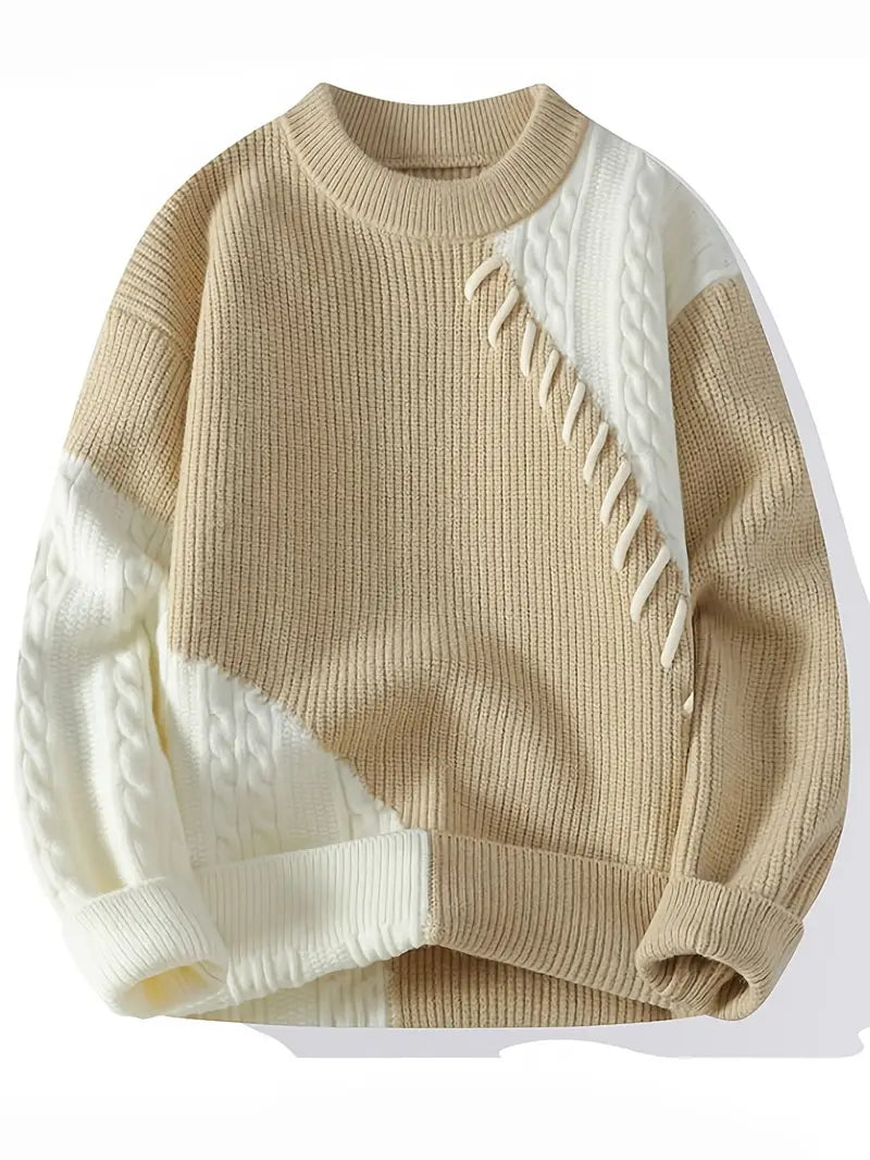 Clothic™ Two-Tone Patchwork Knitted Sweater – Beige & Ivory