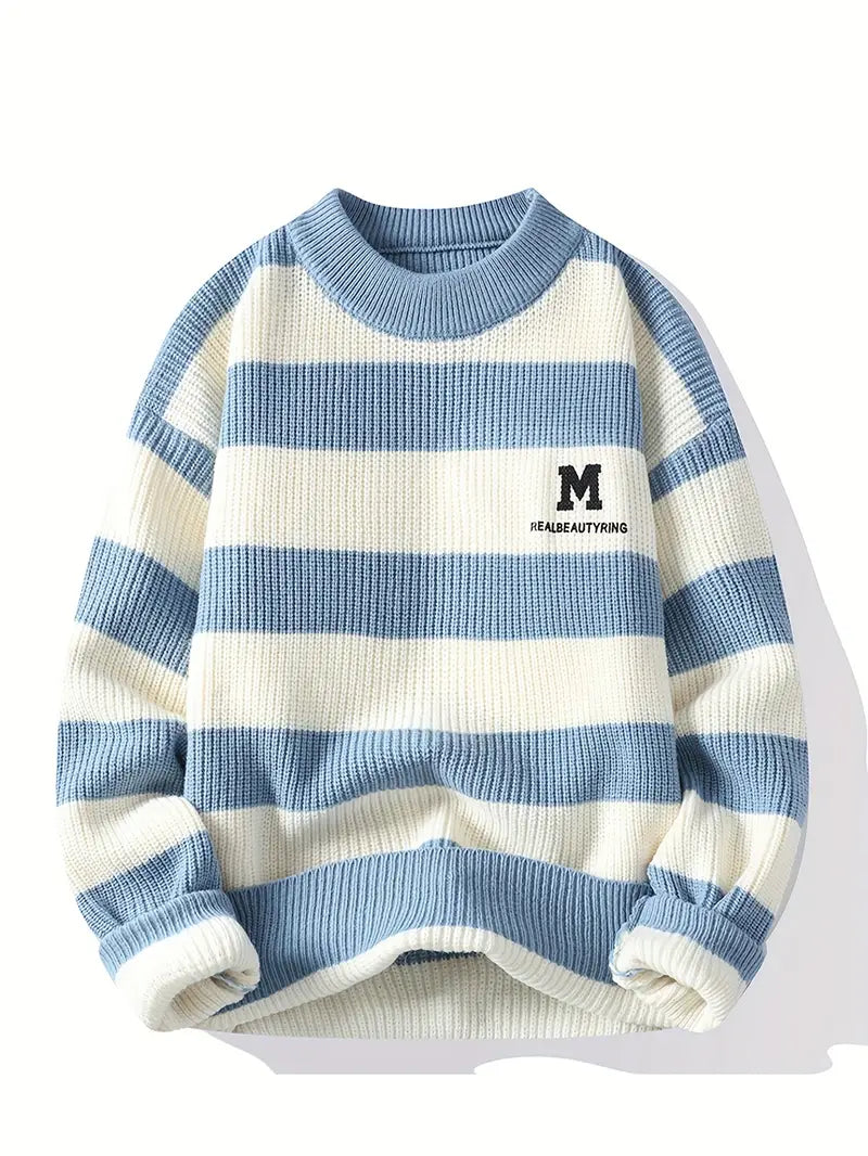 Clothic™ Striped Knitted Sweater – Sky Blue & Cream