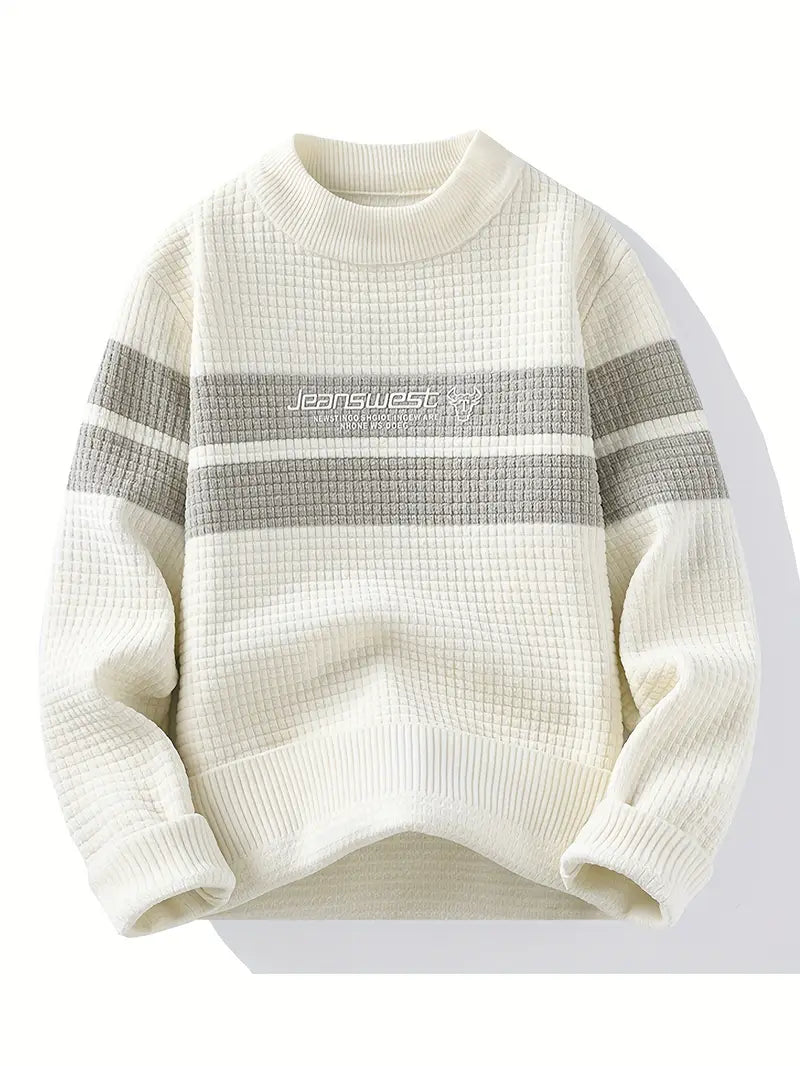 Clothic™ Textured Knit Sweater – Cream & Gray Block Stripe
