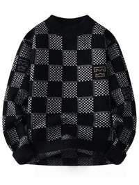 Clothic™ Monochrome Checkered Knit Sweater – Unisex Streetwear Vibe