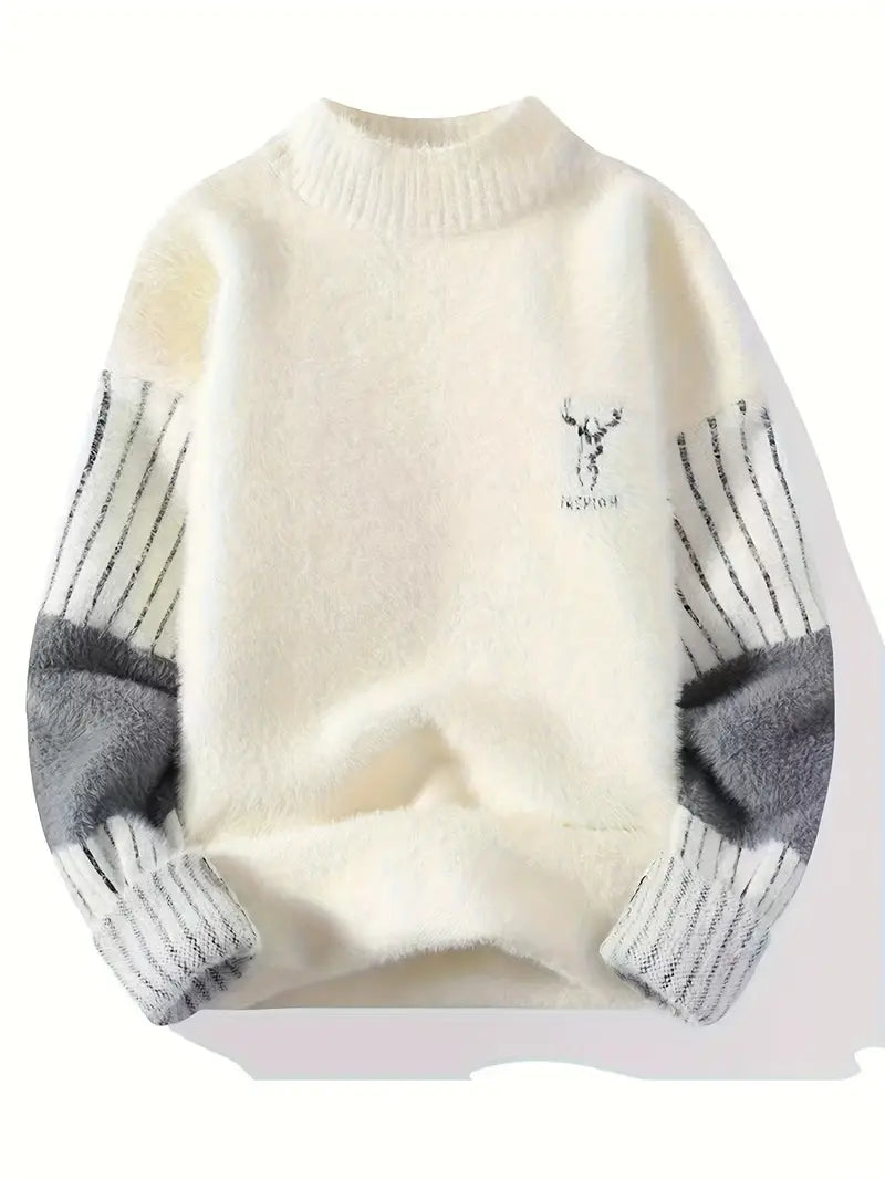 Clothic™ Deer Embroidered Knitted Sweater – Cream & Gray