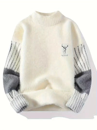 Clothic™ Deer Embroidered Knitted Sweater – Cream & Gray