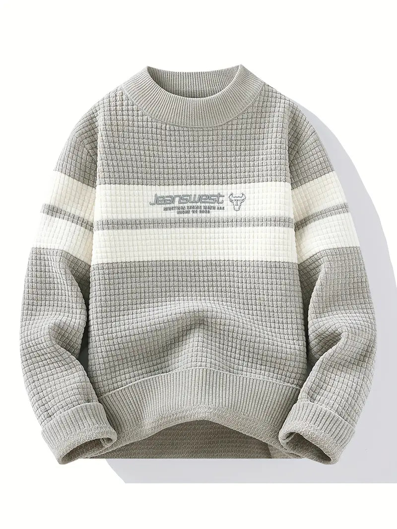 Clothic™ Textured Knit Sweater – Cream & Gray Block Stripe