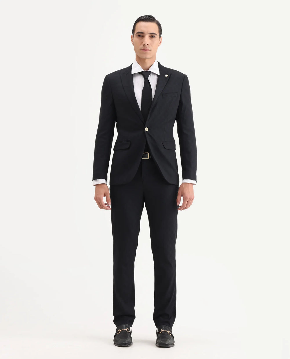 Rare Rabbit Men's Zeta Navy Viscose Jacquard Tailored Fit Full Sleeve Lapel Neck Suits