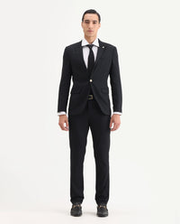 Rare Rabbit Men's Zeta Navy Viscose Jacquard Tailored Fit Full Sleeve Lapel Neck Suits