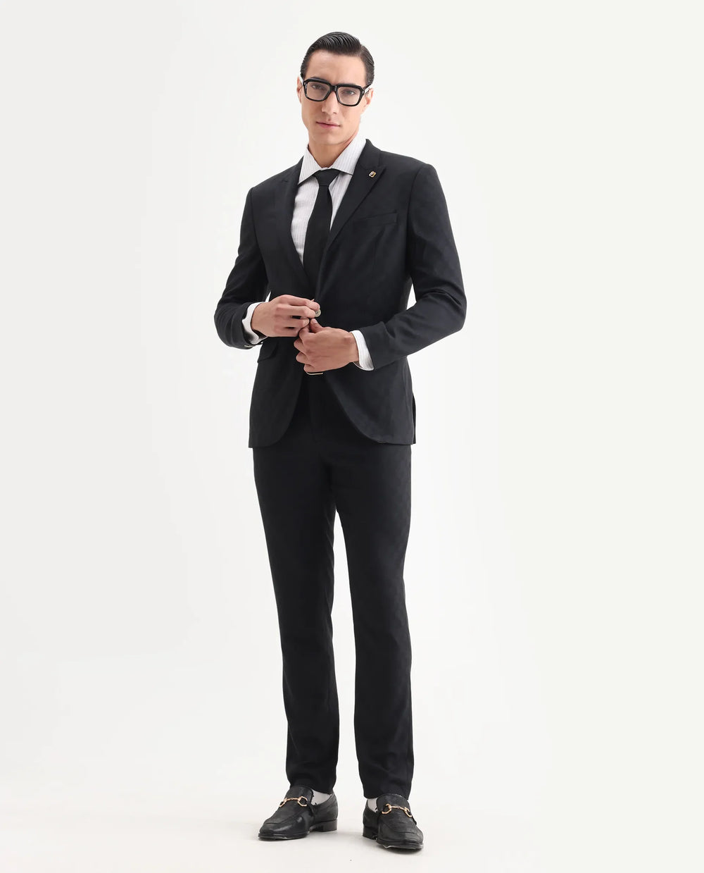 Rare Rabbit Men's Zeta Navy Viscose Jacquard Tailored Fit Full Sleeve Lapel Neck Suits