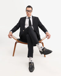 Rare Rabbit Men's Zeta Navy Viscose Jacquard Tailored Fit Full Sleeve Lapel Neck Suits