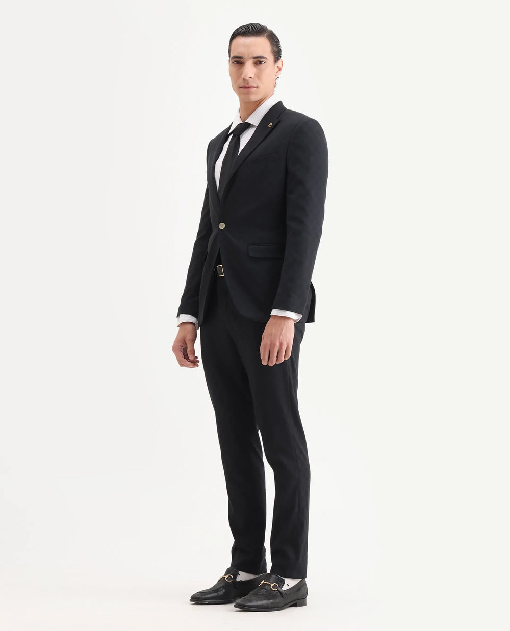 Rare Rabbit Men's Zeta Navy Viscose Jacquard Tailored Fit Full Sleeve Lapel Neck Suits