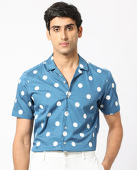 Rare Rabbit Men's Astel Blue Cotton Polka Print Tailored Fit Half Sleeve Cuban Collar Shirt