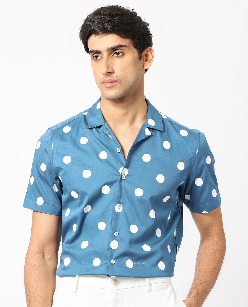 Rare Rabbit Men's Astel Blue Cotton Polka Print Tailored Fit Half Sleeve Cuban Collar Shirt
