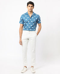 Rare Rabbit Men's Astel Blue Cotton Polka Print Tailored Fit Half Sleeve Cuban Collar Shirt