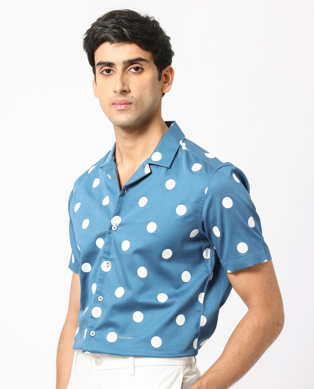 Rare Rabbit Men's Astel Blue Cotton Polka Print Tailored Fit Half Sleeve Cuban Collar Shirt