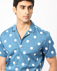Rare Rabbit Men's Astel Blue Cotton Polka Print Tailored Fit Half Sleeve Cuban Collar Shirt
