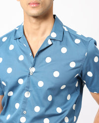 Rare Rabbit Men's Astel Blue Cotton Polka Print Tailored Fit Half Sleeve Cuban Collar Shirt