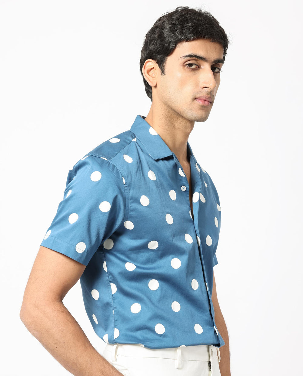 Rare Rabbit Men's Astel Blue Cotton Polka Print Tailored Fit Half Sleeve Cuban Collar Shirt