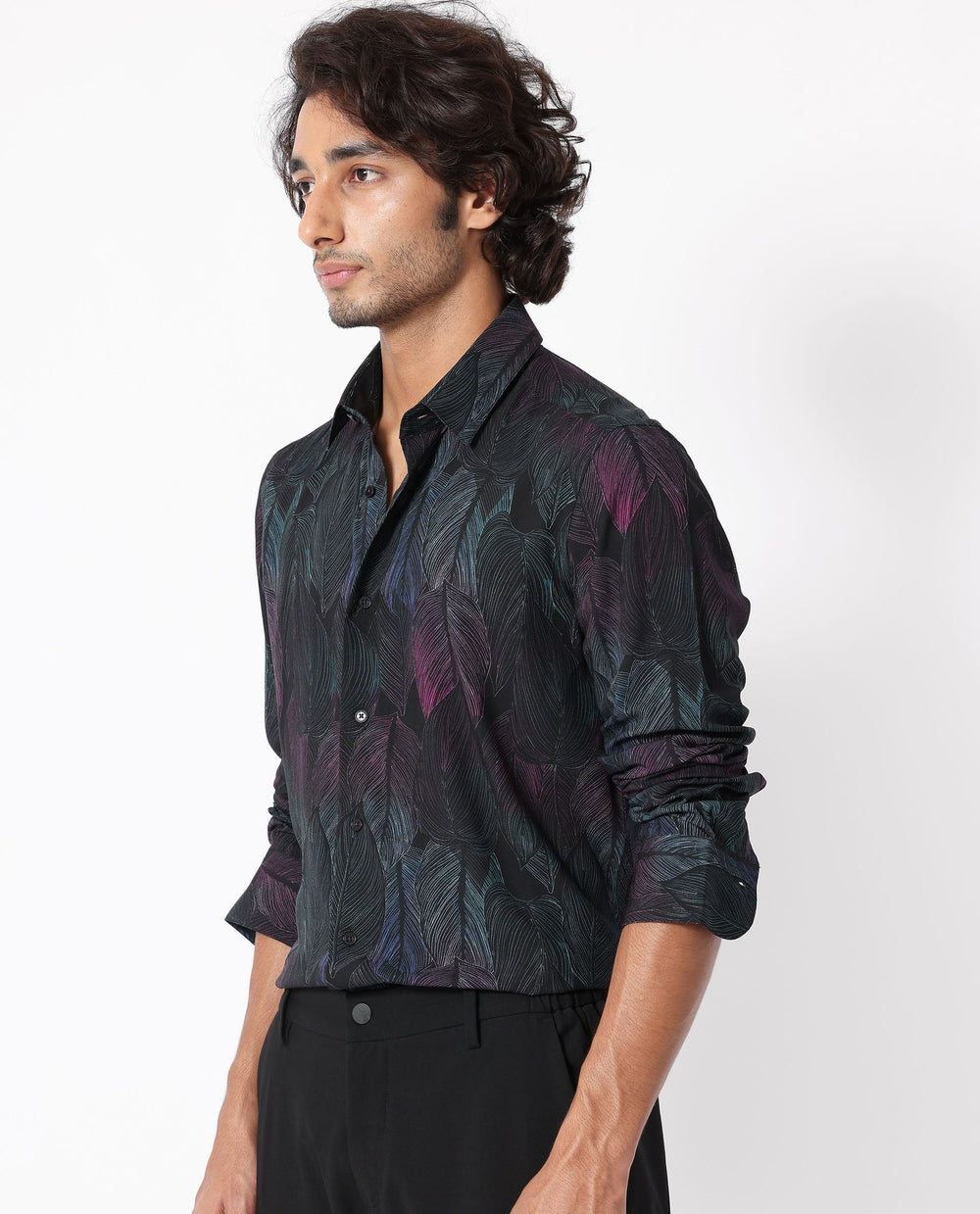 Rare Rabbit Men's Bartlet Black Viscose Floral Print Tailored Fit Full Sleeve Collared Shirt