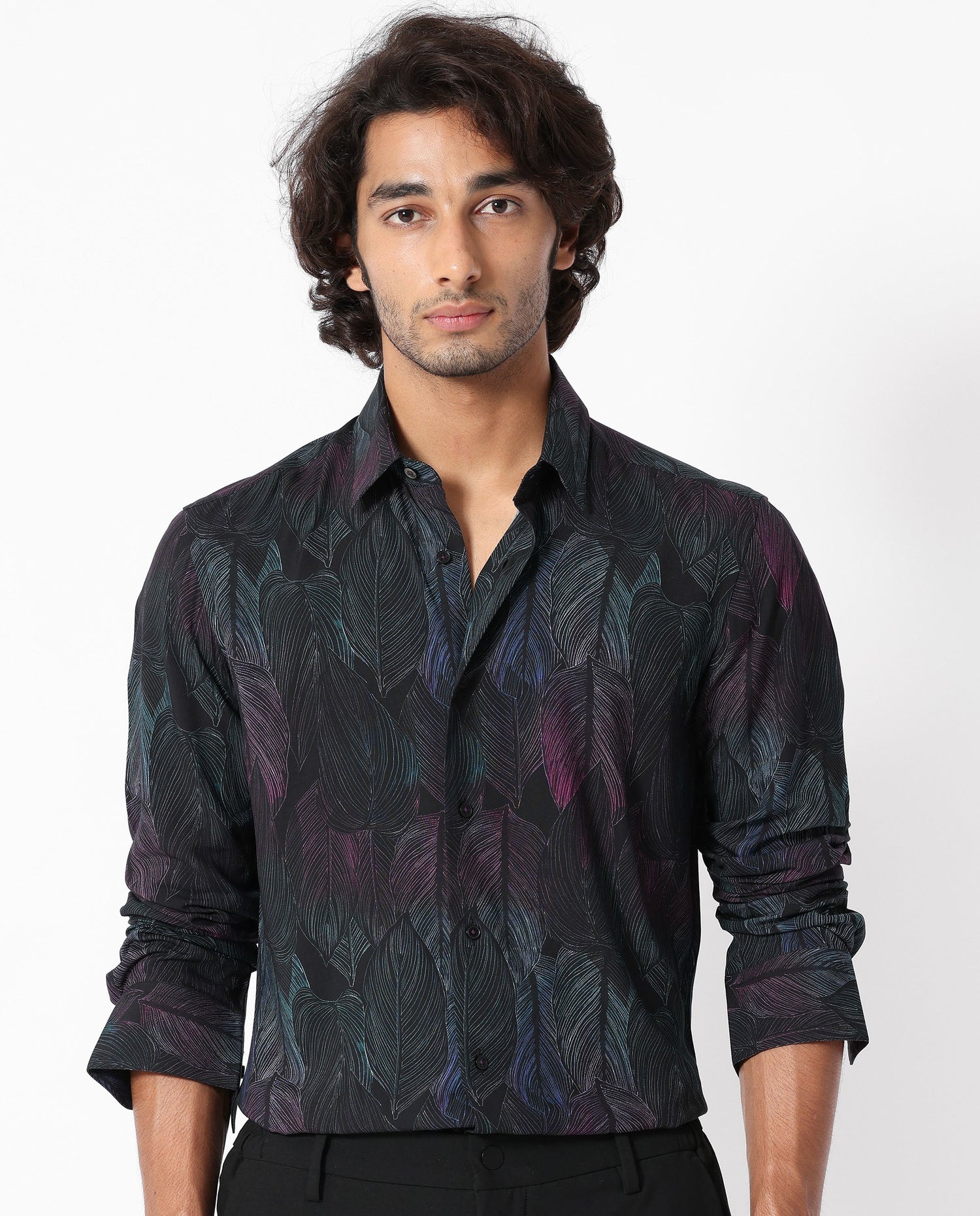Rare Rabbit Men's Bartlet Black Viscose Floral Print Tailored Fit Full Sleeve Collared Shirt