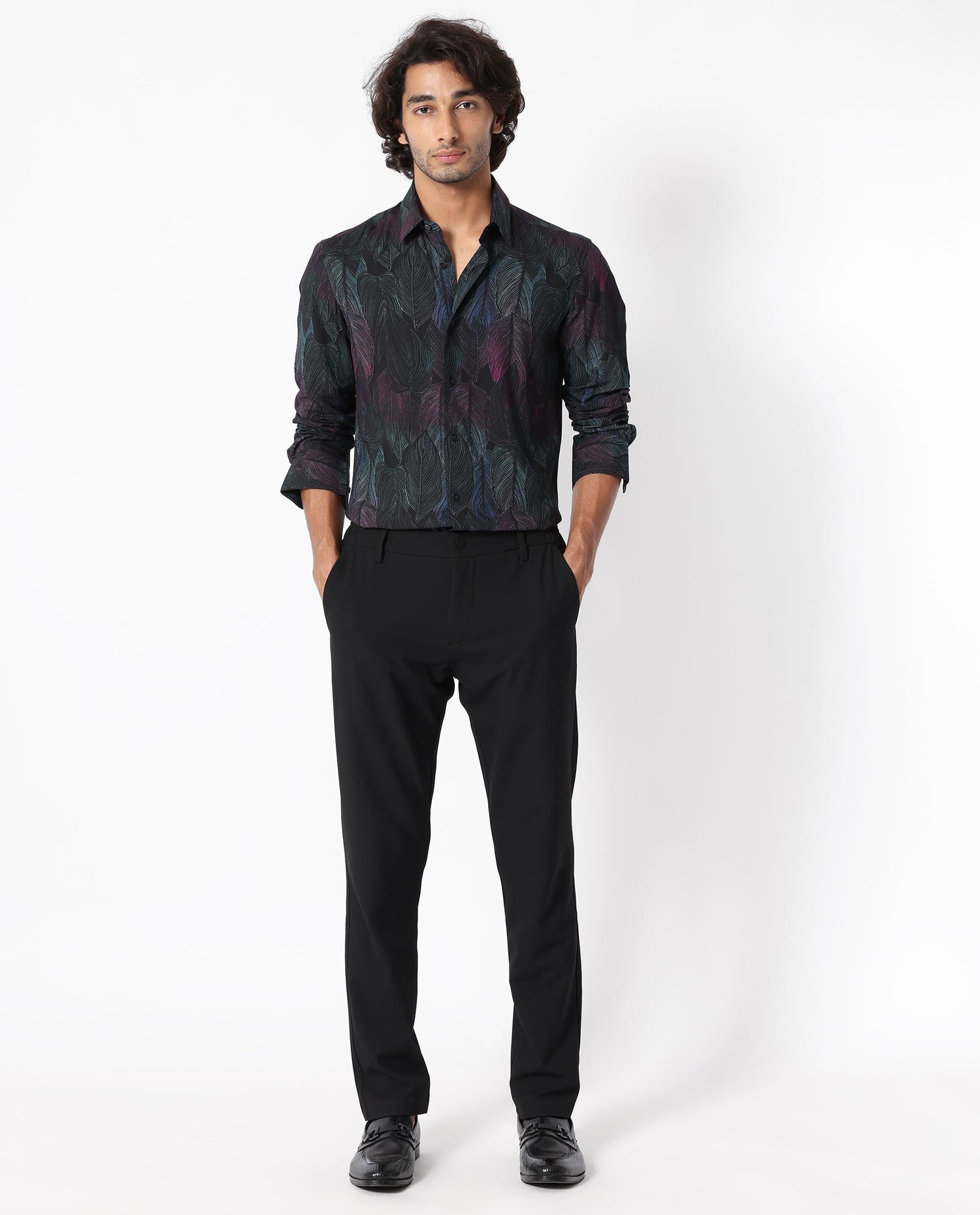 Rare Rabbit Men's Bartlet Black Viscose Floral Print Tailored Fit Full Sleeve Collared Shirt