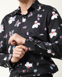 Rare Rabbit Men's Cuplet Black Cotton Floral Print Regular Fit Full Sleeve Collared Shirt