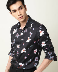 Rare Rabbit Men's Cuplet Black Cotton Floral Print Regular Fit Full Sleeve Collared Shirt