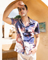 Rare Rabbit Men's Eighty Blue Cotton Floral Print Regular Fit Half Sleeve Collared Shirt