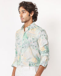 Rare Rabbit Men's Edro Offwhite Cotton Tropical Print Regular Fit Full Sleeve Collared Shirt