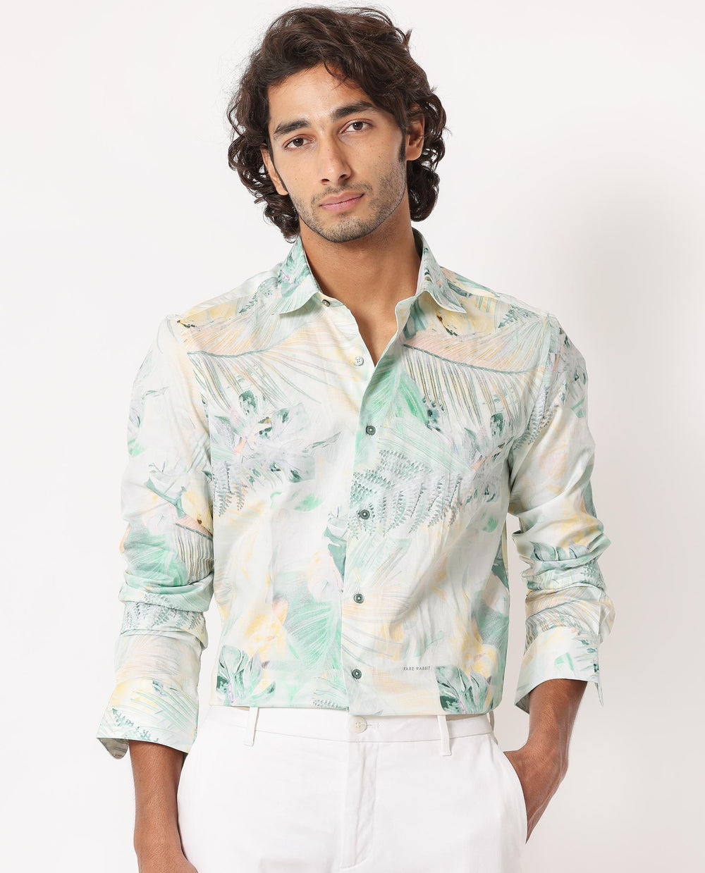 Rare Rabbit Men's Edro Offwhite Cotton Tropical Print Regular Fit Full Sleeve Collared Shirt