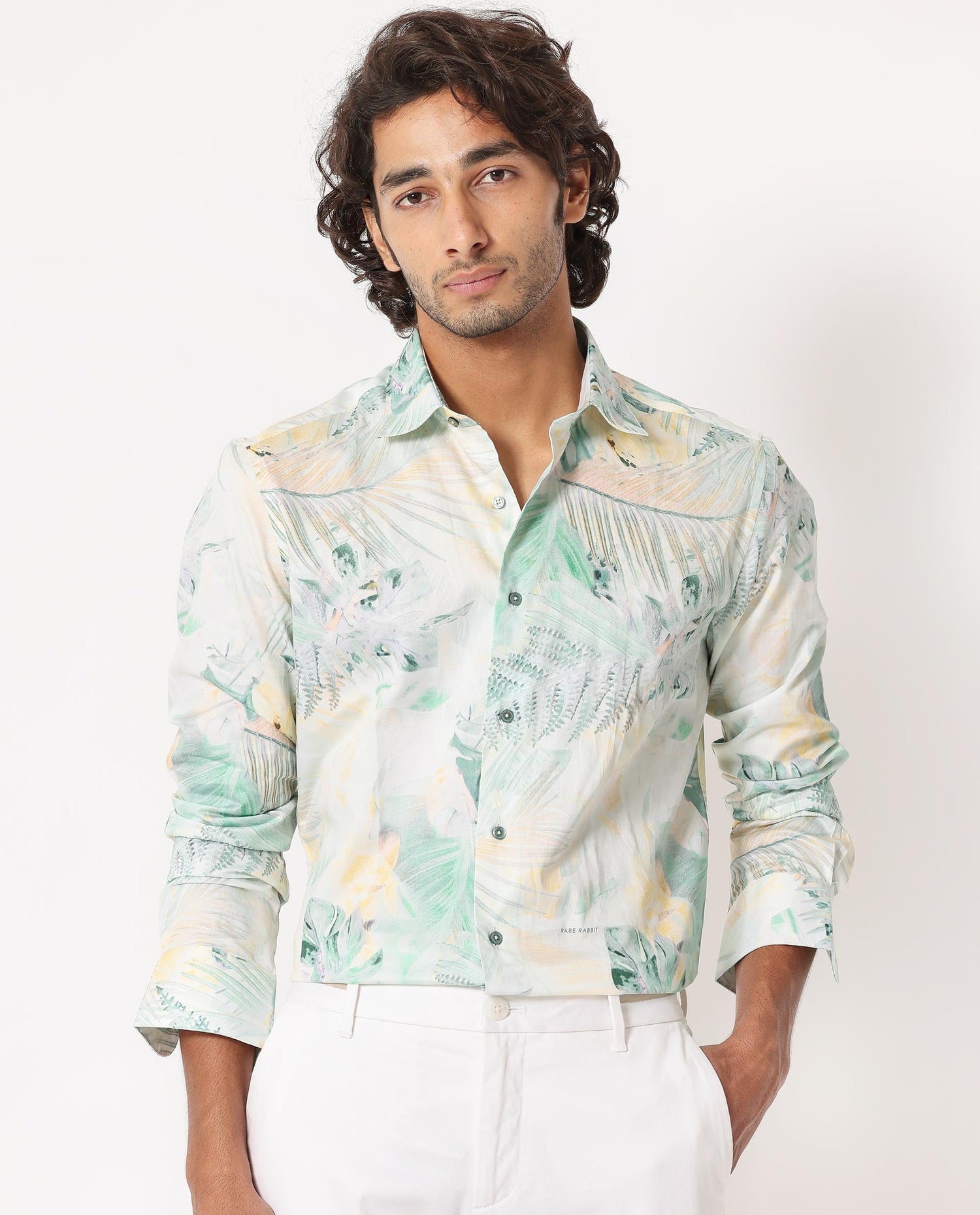 Rare Rabbit Men's Edro Offwhite Cotton Tropical Print Regular Fit Full Sleeve Collared Shirt