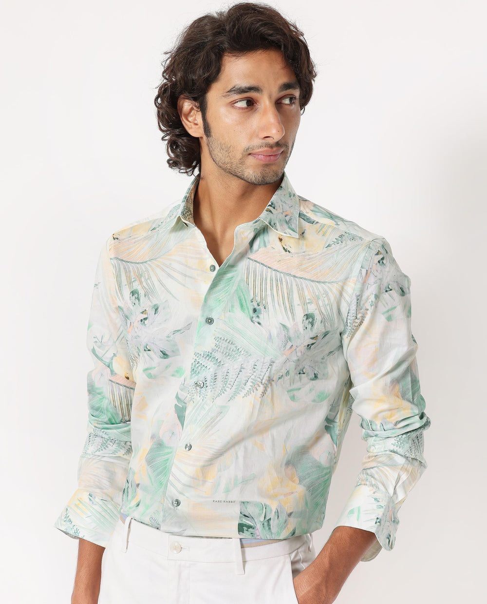 Rare Rabbit Men's Edro Offwhite Cotton Tropical Print Regular Fit Full Sleeve Collared Shirt