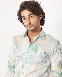 Rare Rabbit Men's Edro Offwhite Cotton Tropical Print Regular Fit Full Sleeve Collared Shirt