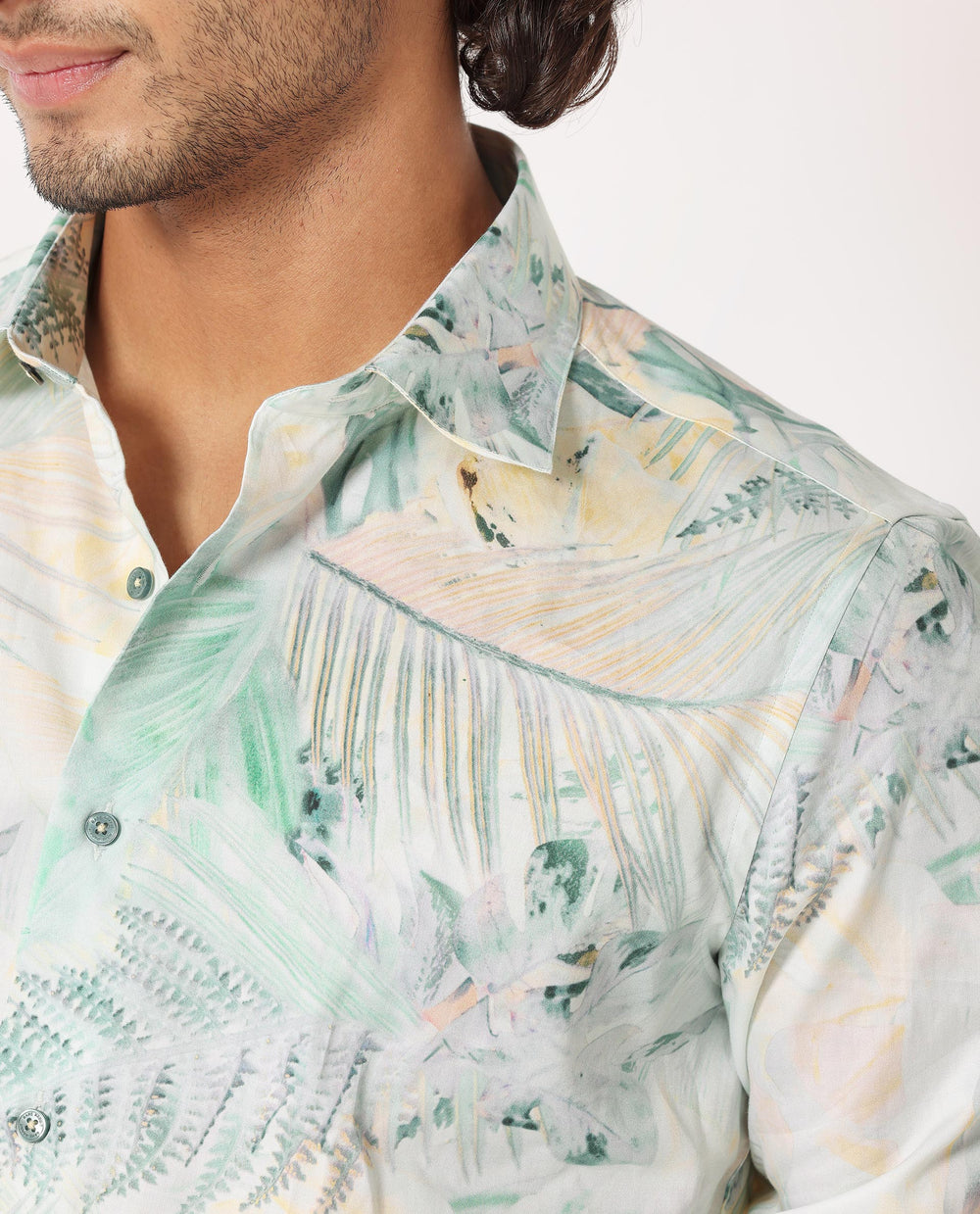 Rare Rabbit Men's Edro Offwhite Cotton Tropical Print Regular Fit Full Sleeve Collared Shirt