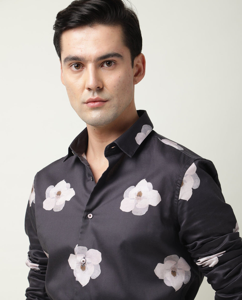 Rare Rabbit Men's Damo Black Cotton Floral Print Regular Fit Full Sleeve Collared Shirt