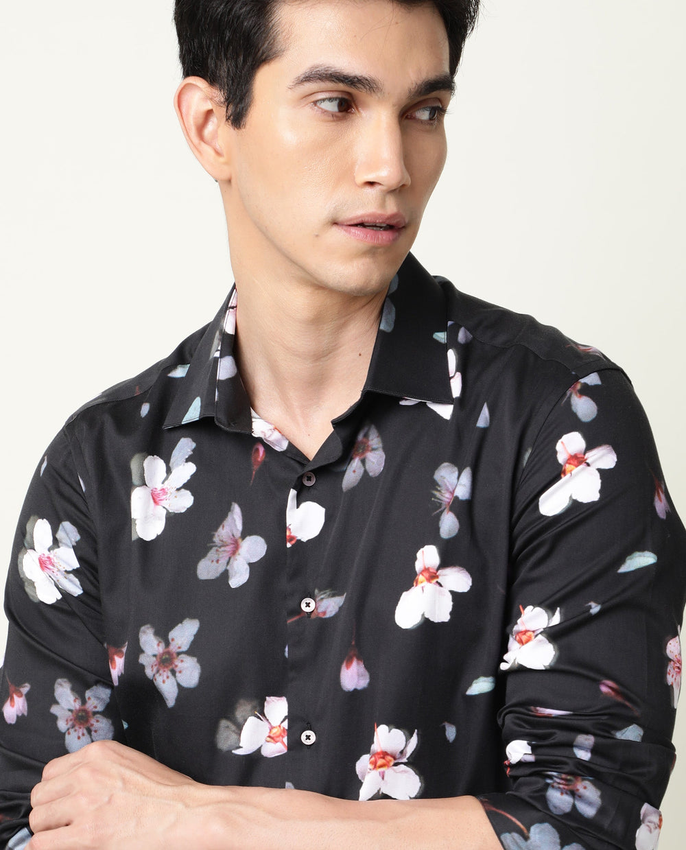 Rare Rabbit Men's Cuplet Black Cotton Floral Print Regular Fit Full Sleeve Collared Shirt