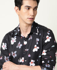 Rare Rabbit Men's Cuplet Black Cotton Floral Print Regular Fit Full Sleeve Collared Shirt