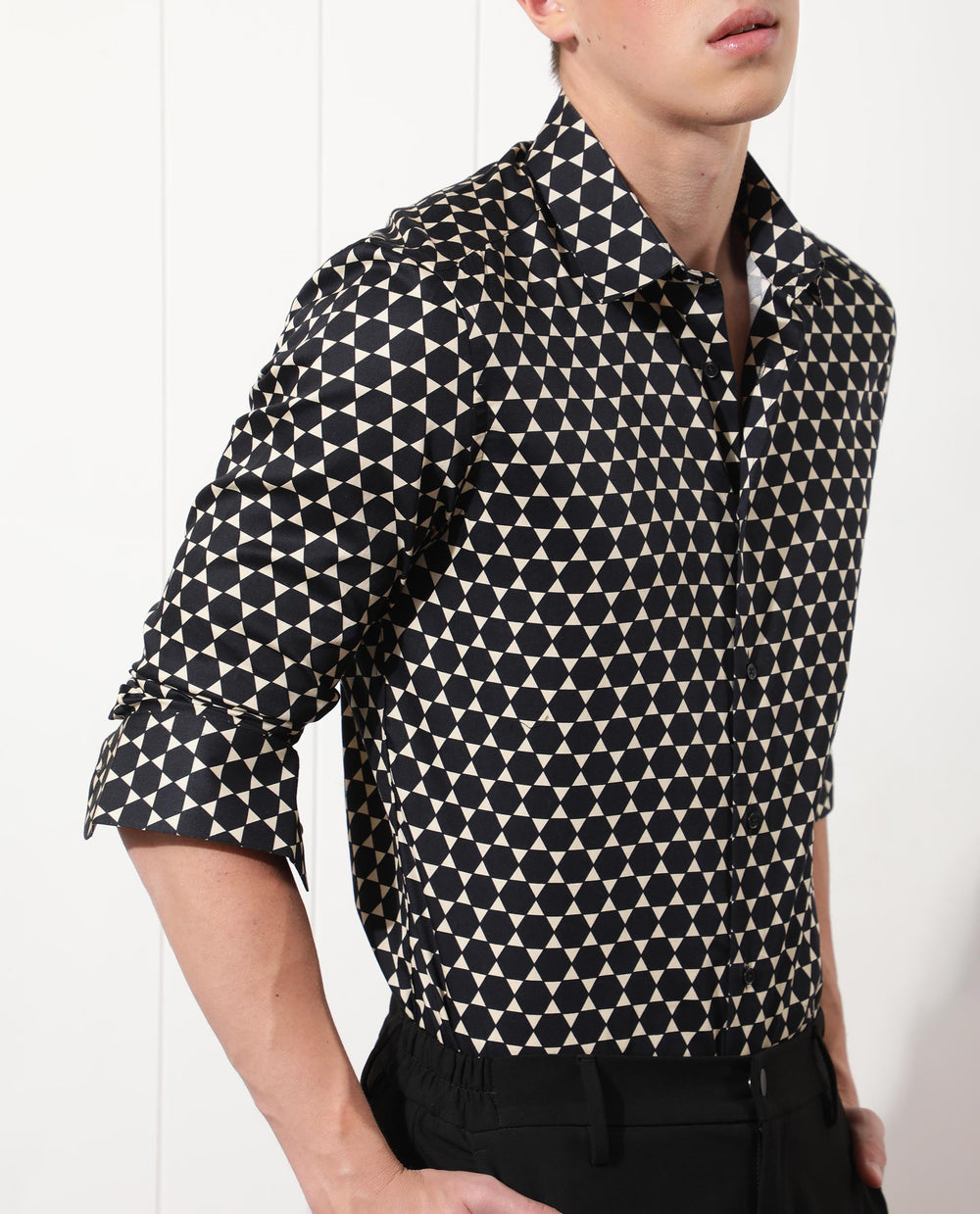 Rare Rabbit Men's Hexa Black Cotton Geometric Print Regular Fit Full Sleeve Collared Shirt