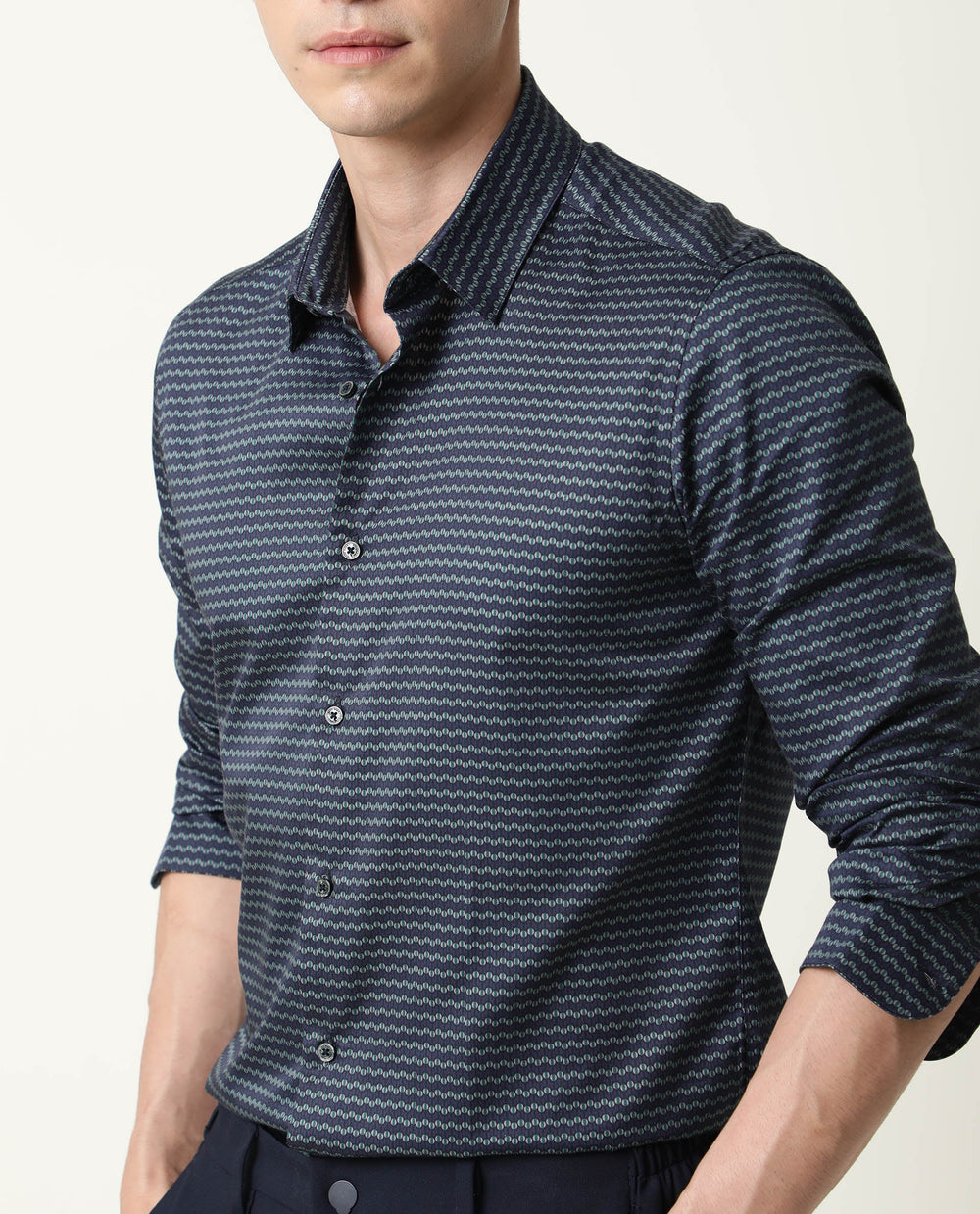 Rare Rabbit Men's Millyy Green Cotton Geometric Print Regular Fit Full Sleeve Collared Shirt