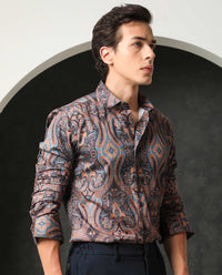 Rare Rabbit Men's Merger Navy Cotton Paisley Print Regular Fit Full Sleeve Collared Shirt