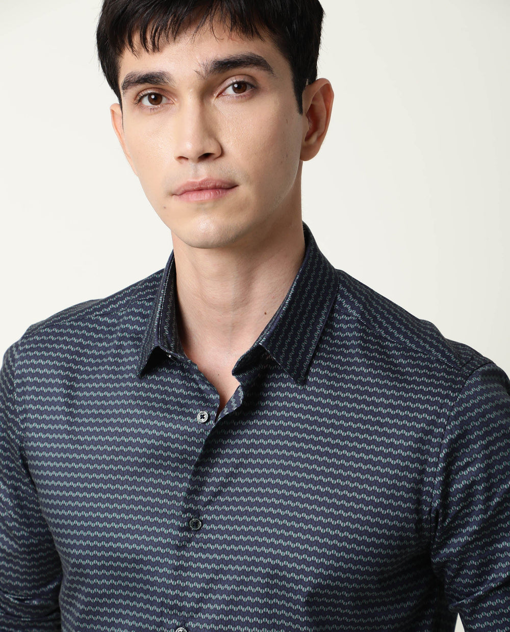 Rare Rabbit Men's Millyy Green Cotton Geometric Print Regular Fit Full Sleeve Collared Shirt