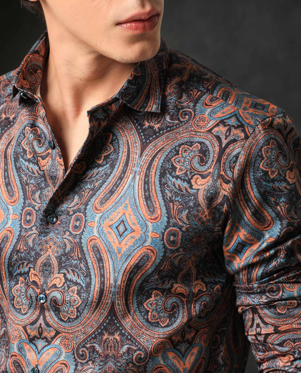 Rare Rabbit Men's Merger Navy Cotton Paisley Print Regular Fit Full Sleeve Collared Shirt