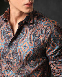 Rare Rabbit Men's Merger Navy Cotton Paisley Print Regular Fit Full Sleeve Collared Shirt