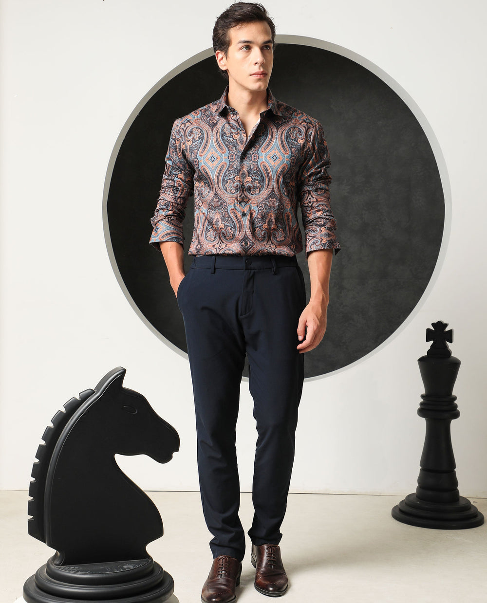 Rare Rabbit Men's Merger Navy Cotton Paisley Print Regular Fit Full Sleeve Collared Shirt