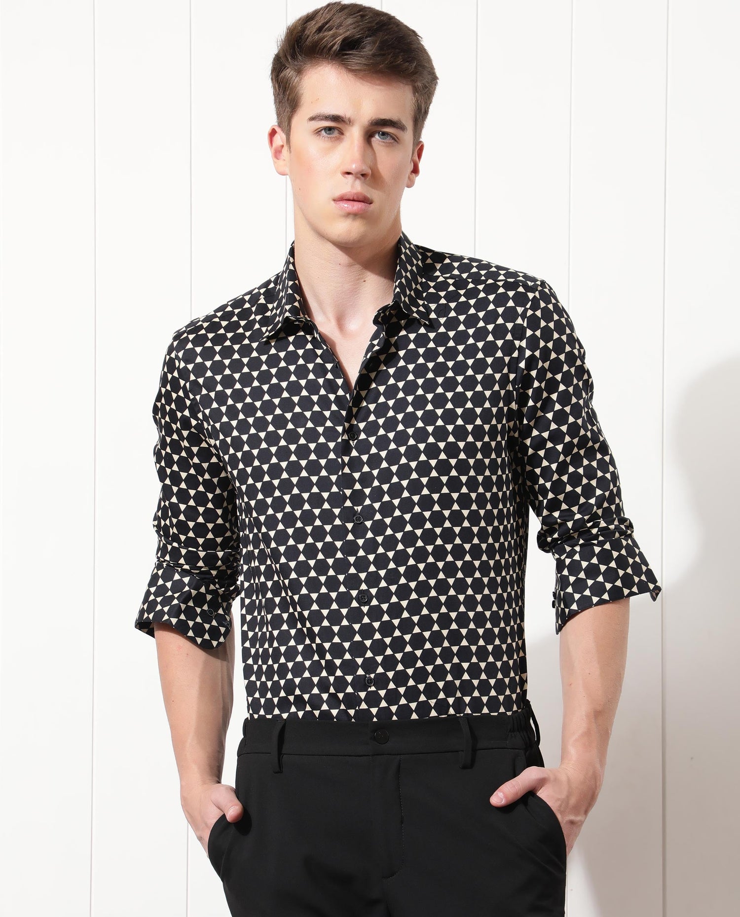 Rare Rabbit Men's Hexa Black Cotton Geometric Print Regular Fit Full Sleeve Collared Shirt