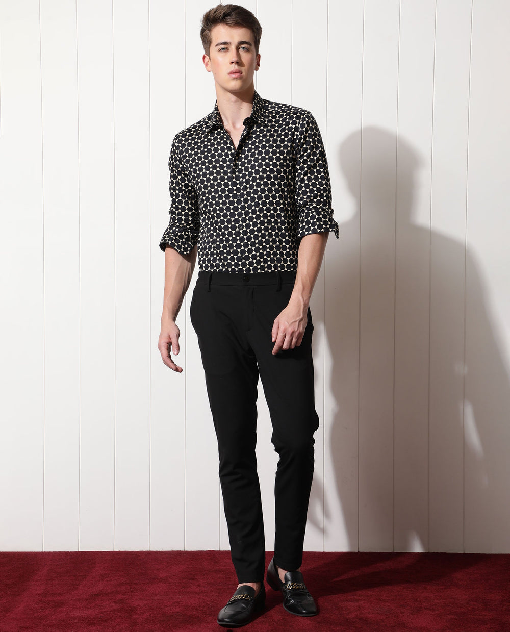 Rare Rabbit Men's Hexa Black Cotton Geometric Print Regular Fit Full Sleeve Collared Shirt