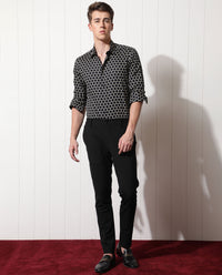 Rare Rabbit Men's Hexa Black Cotton Geometric Print Regular Fit Full Sleeve Collared Shirt