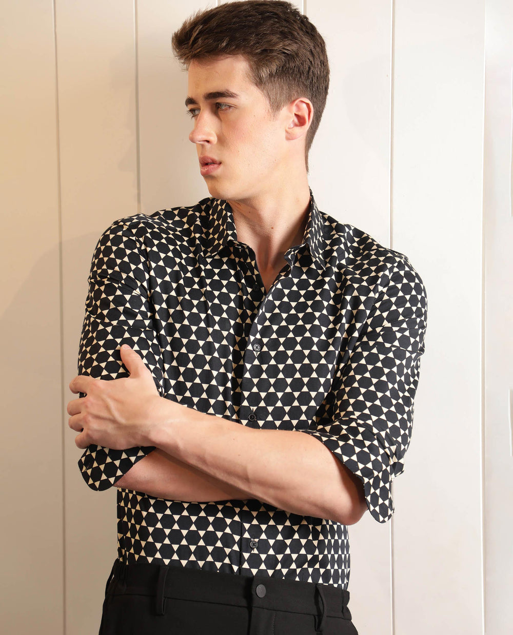 Rare Rabbit Men's Hexa Black Cotton Geometric Print Regular Fit Full Sleeve Collared Shirt