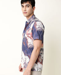 Rare Rabbit Men's Eighty Blue Cotton Floral Print Regular Fit Half Sleeve Collared Shirt