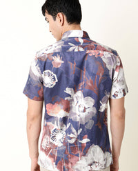 Rare Rabbit Men's Eighty Blue Cotton Floral Print Regular Fit Half Sleeve Collared Shirt