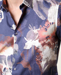 Rare Rabbit Men's Eighty Blue Cotton Floral Print Regular Fit Half Sleeve Collared Shirt