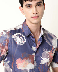 Rare Rabbit Men's Eighty Blue Cotton Floral Print Regular Fit Half Sleeve Collared Shirt