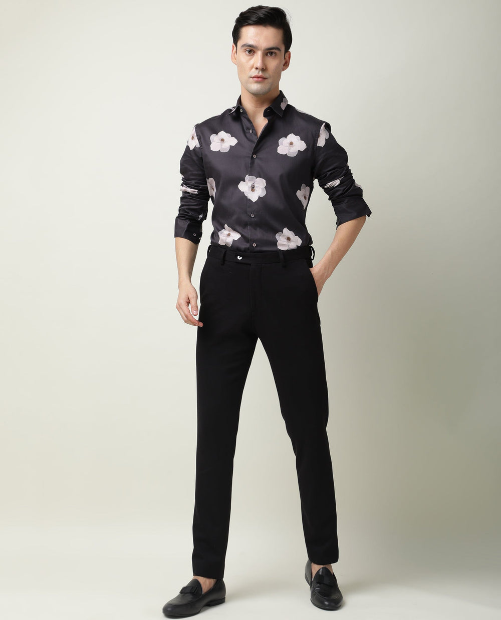 Rare Rabbit Men's Damo Black Cotton Floral Print Regular Fit Full Sleeve Collared Shirt